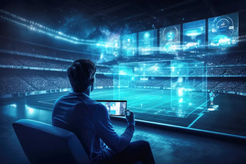 Análise estatística em apostas esportivas: torcedor com tablet diante de painéis de dados projetados sobre o campo do estádio