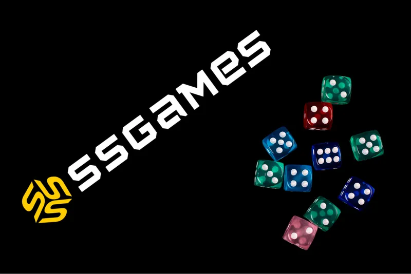 Logo do SSGAMES em fundo preto ao lado de dados coloridos, tema do jogo de dados