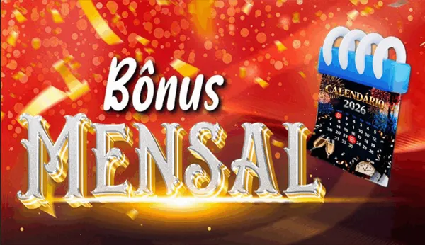 SSSGame bônus mensal em letras prateadas, com calendário 2026 sobre fundo vermelho e confetes dourados